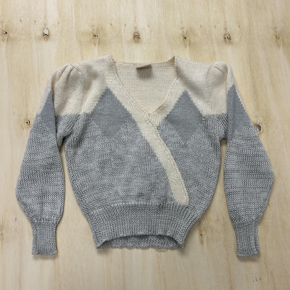 Vintage One Step Up Sweater Womens Small Gray Argyle V Neck‎ Balloon Sleeve 80s